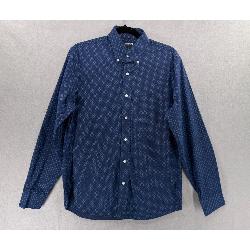 Lands End Shirt Mens S 14-14.5 Geometric Stretch Traditional Fit Dress Cotton